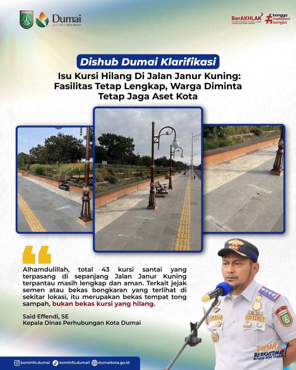 Dishub Dumai Klarifikasi Isu Kursi Hilang di Jalan Janur Kuning: Fasilitas Tetap Lengkap, Warga Diminta Tetap Jaga Aset Kota